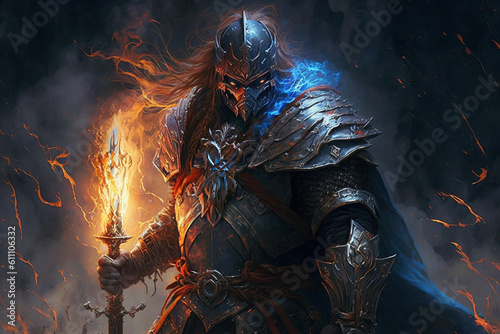 Impressive scary warrior king character with fire. Ai generated