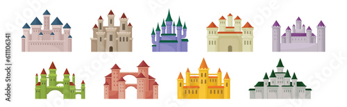 Colorful Medieval Castle with Stone Wall and Tall Towers Vector Set