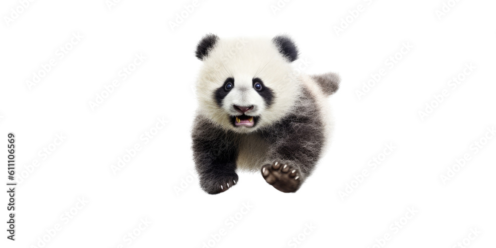 a cute Giant panda bear cub in motion, running, Wildlife-themed, cutout, isolated, photorealistic illustrations in a PNG. Generative AI