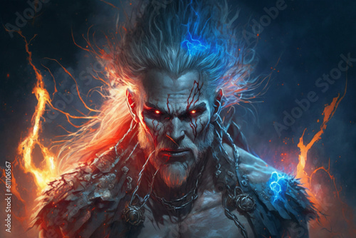 Impressive scary warrior king character with fire. Ai generated © dragomirescu