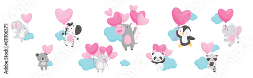 Funny Animals Flying with Heart Pink Balloon Among Clouds Vector Set
