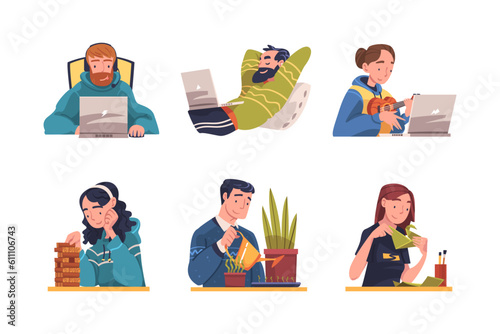 Young Man and Woman in Self-isolation Engaged in Different Activity Vector Illustration Set