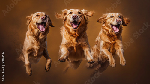 Golden Trio in Action - Three adorable Golden Retrievers jumping to catch treats in mid-air. Generative AI