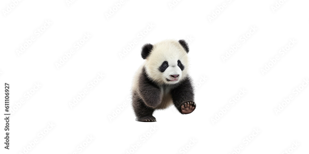 a cute Giant panda bear cub in motion, running, Wildlife-themed, cutout, isolated, photorealistic illustrations in a PNG. Generative AI