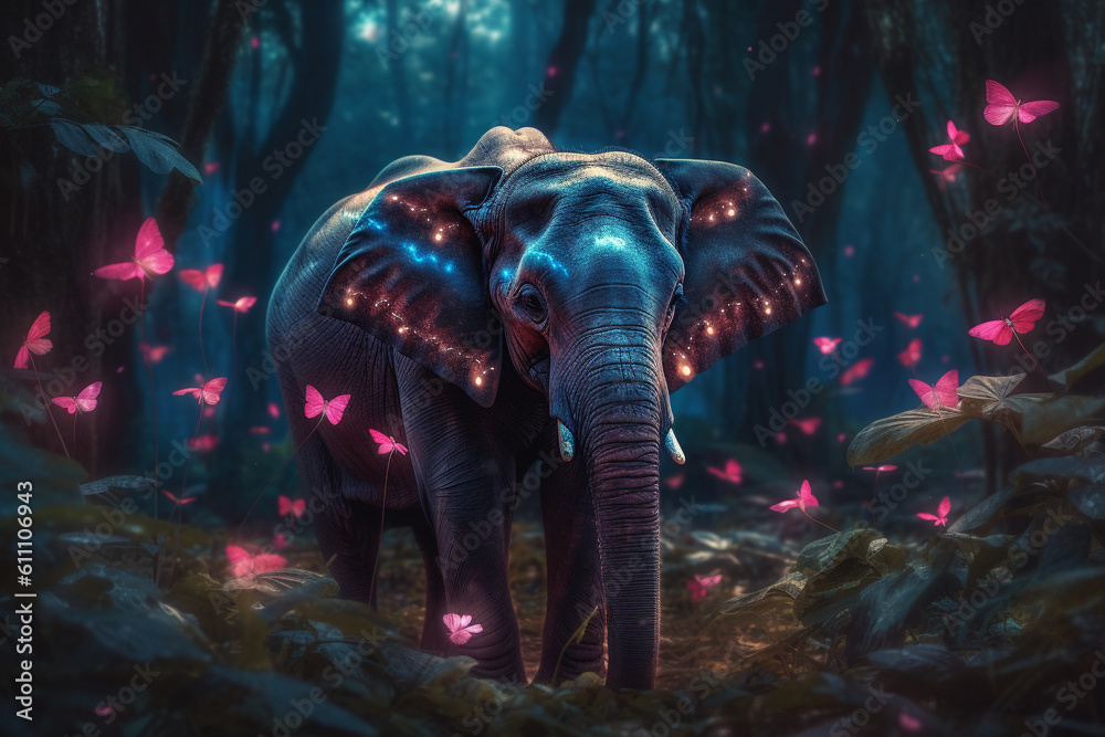 Obraz premium Elephant in the forest with butterflies. Ai generated