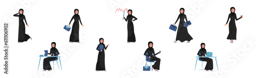 Arab Businesswoman Character in Office Working Vector Set
