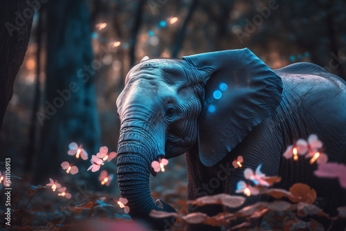 Elephant in the forest with butterflies. Ai generated