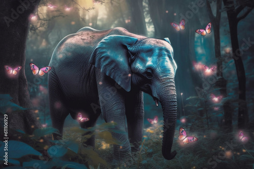 Elephant in the forest with butterflies. Ai generated