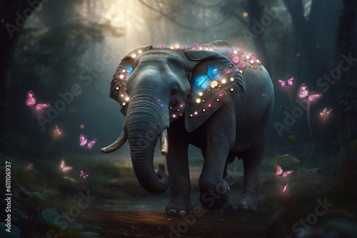 Elephant in the forest with butterflies. Ai generated