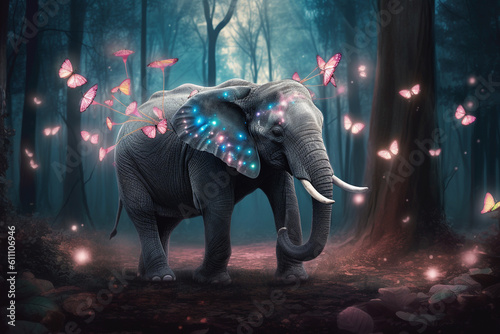 Elephant in the forest with butterflies. Ai generated © dragomirescu