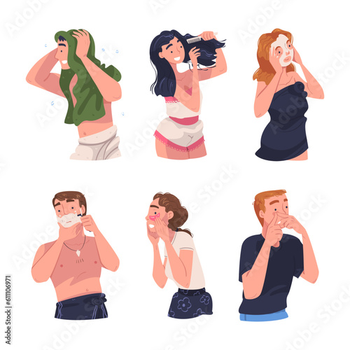 Man and Woman Character In Bathroom Doing Hygiene Procedure Vector Illustration Set