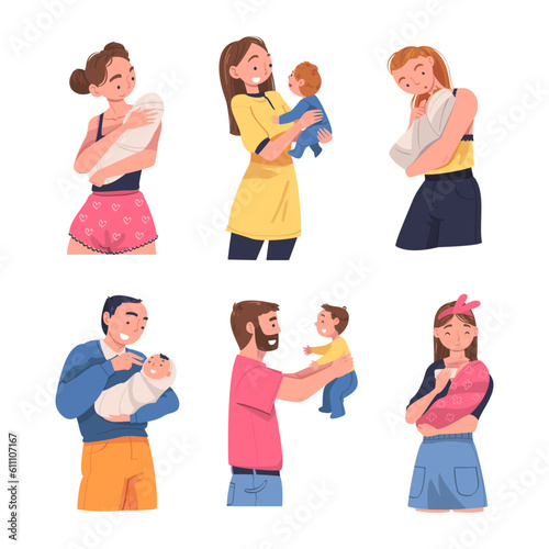 Man and Woman Character Holding Baby with Arms Nursing Him Vector Illustration Set