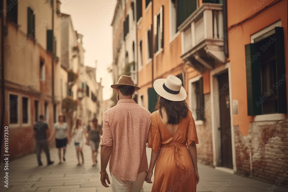 Travel, vacation, romance concept. Young couple traveling and walking in Venice, Italy. Gondolas, canals, old town in background. Man and woman view from behind. Sunset summer. Generative AI