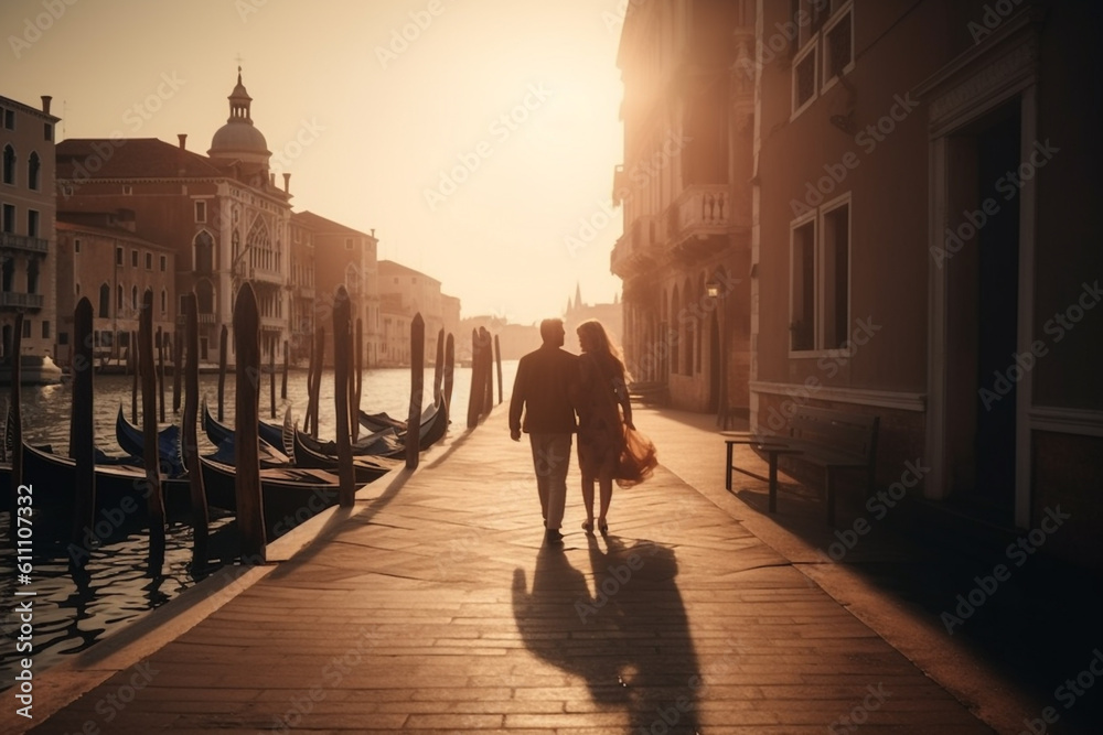 Travel, vacation, romance concept. Young couple traveling and walking in Venice, Italy. Gondolas, canals, old town in background. Man and woman view from behind. Sunset summer. Generative AI