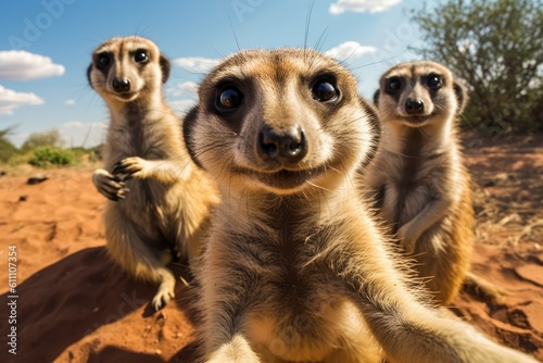 Group of meerkats taking selfie photo. AI generative art