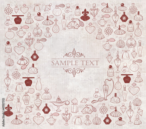 Design template with doodle perfume bottles and place for your text. Vector sketch illistration on vintage background.