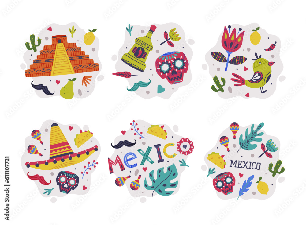 Bright Mexico Object with Tequila, Skull and Sombrero Hat Element Vector Composition Set