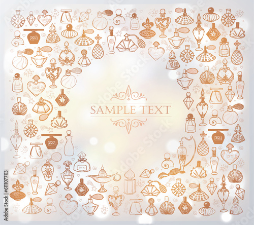 Design template with doodle perfume bottles and place for your text on white glowing background. Vector sketch illistration