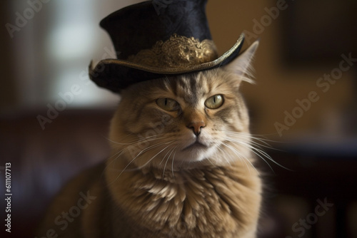 Cute funny and fancy cat portrait with hat. Ai generated