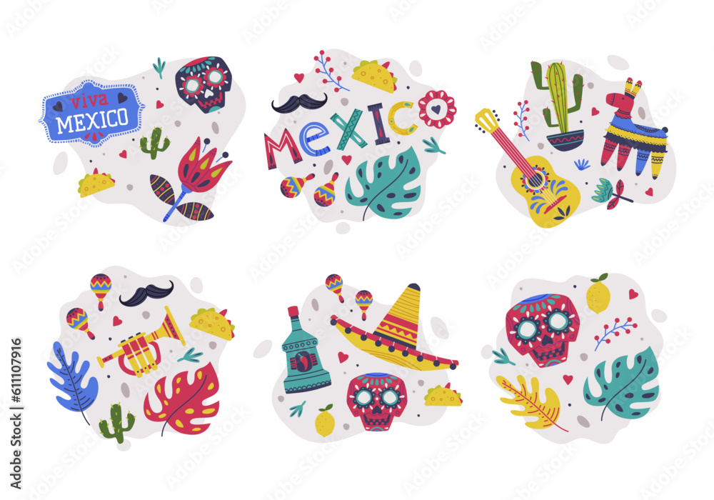 Bright Mexico Object with Guitar, Maraca, Skull and Pinata Element Vector Composition Set Bright Mexico Object with Guitar, Maraca, Skull and Pinata Element Vector Composition Set