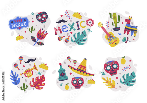 Bright Mexico Object with Guitar, Maraca, Skull and Pinata Element Vector Composition Set