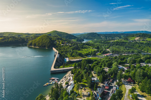 Panoramic view from the drone on boat marina over Solina Lake in the Polish Bieszczady Mountains, Poland photo