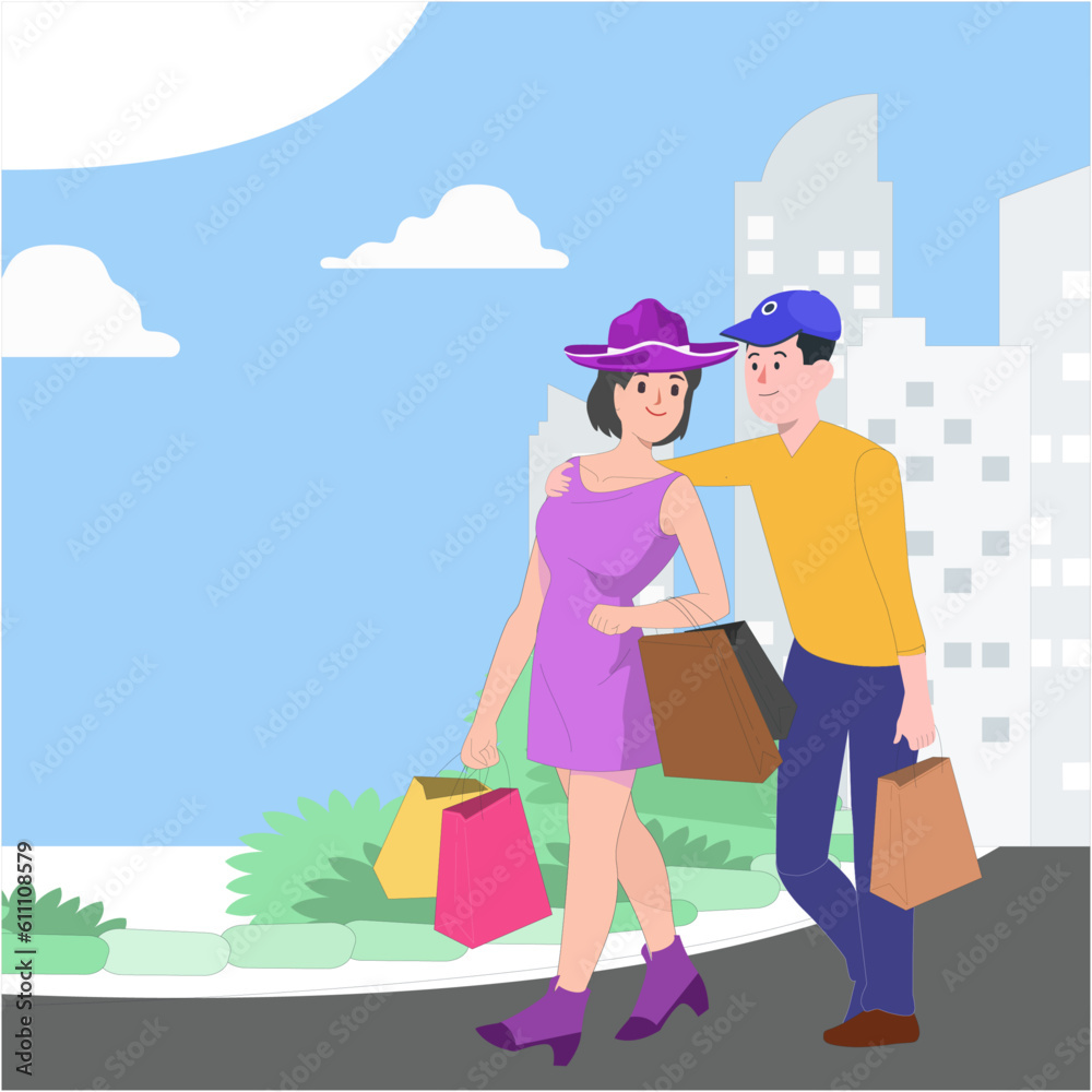 Happy beautiful young couple is holding shopping bags and enjoying in the street of city. Vector illustration.