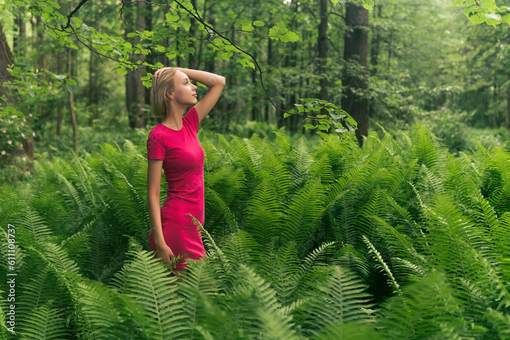 beautiful girl in the spring forest among the ferns beautiful girl in the spring forest among the ferns