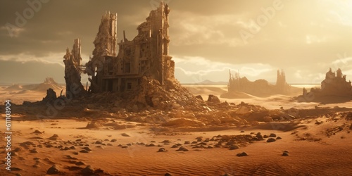 post apocalyptic city ruins buried in the desert sand, epic alien planet landscape, generative ai