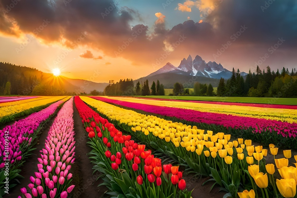 field of tulips in spring