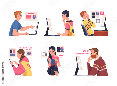 Man and Woman Character Working with Information Analyzing Data and Browsing Internet Vector Illustration Set