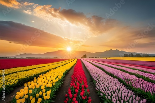 tulip field at sunset