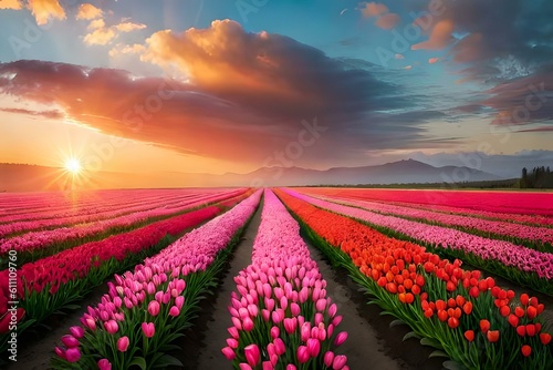 tulip field at sunset