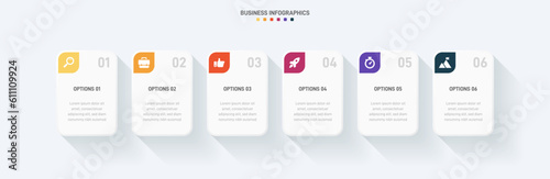 Timeline infographic with infochart. Modern presentation template with 6 spets for business process. Website template on white background for concept modern design. Horizontal layout.