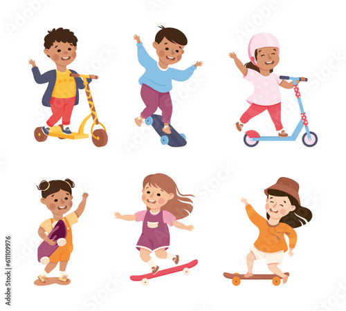 Little Girl and Boy on Scooter and Skateboard in Skate Park Having Fun and Enjoying Recreational Activity Vector Set
