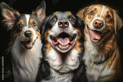 Portrait of three cute smiling dogs. Mixed breeds dog, family, animal friends or brothers or sisters. Realistic, smile funny animal concept image. Made with Generative AI