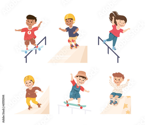 Little Girl and Boy on Roller Skates and Skateboard in Skate Park Having Fun and Enjoying Recreational Activity Vector Set
