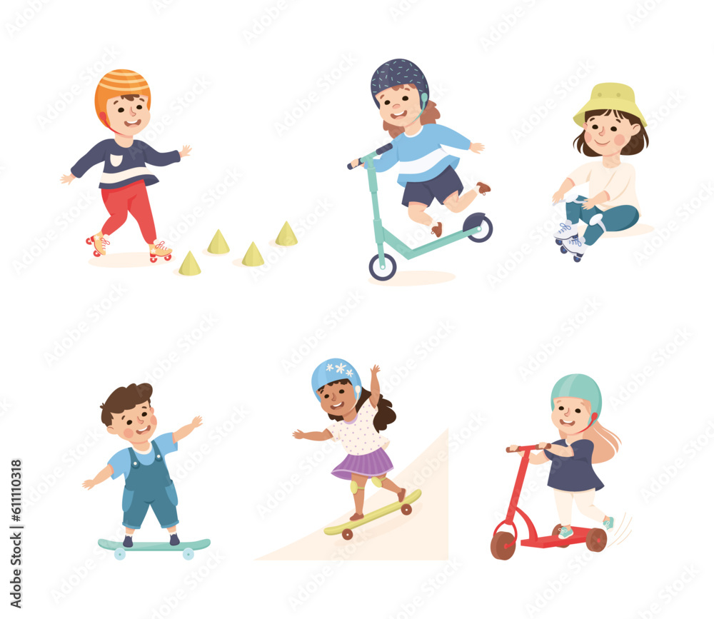 Little Girl and Boy on Scooter and Skateboard in Skate Park Having Fun and Enjoying Recreational Activity Vector Set