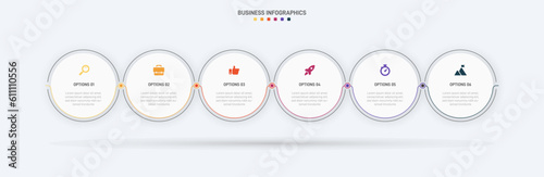Timeline infographic with infochart. Modern presentation template with 6 spets for business process. Website template on white background for concept modern design. Horizontal layout.