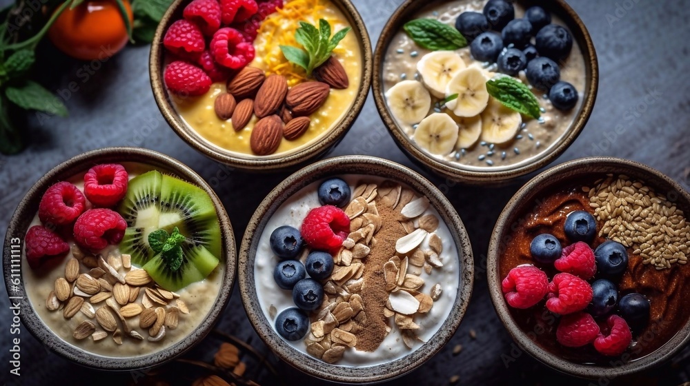 Porridge with fruits and berries in bowls, healthy breakfast concept. Top view, AI generation Porridge with fruits and berries in bowls, healthy breakfast concept. Top view, AI generation