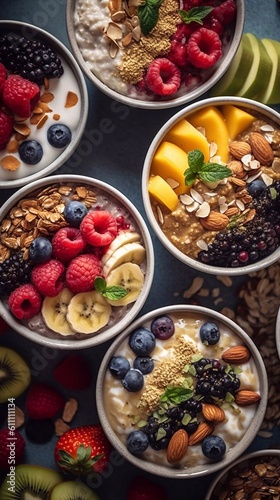  Porridge with fruits and berries in bowls, healthy breakfast concept. Top view, AI generation