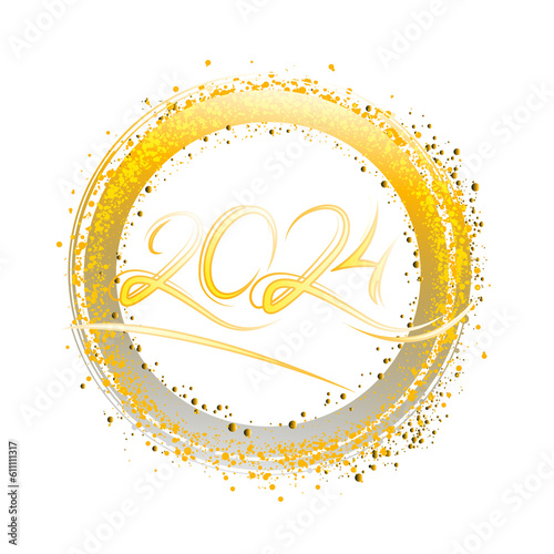 Neon circle frame with golden glow on transparent background. Vector glitter design element for holiday card, Christmas or New Year banner, poster, web. Happy New Year 2014 Text Design Vector Template