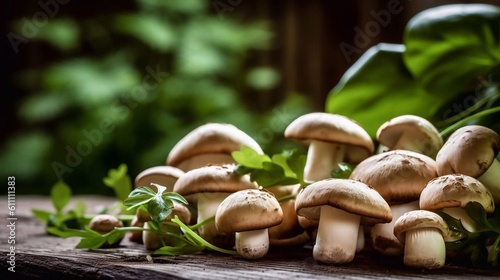 Fresh mashrooms and grass on wooden background. AI generated