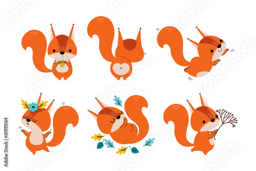 Cute Red Squirrel with Bushy Tail Vector Illustration Set