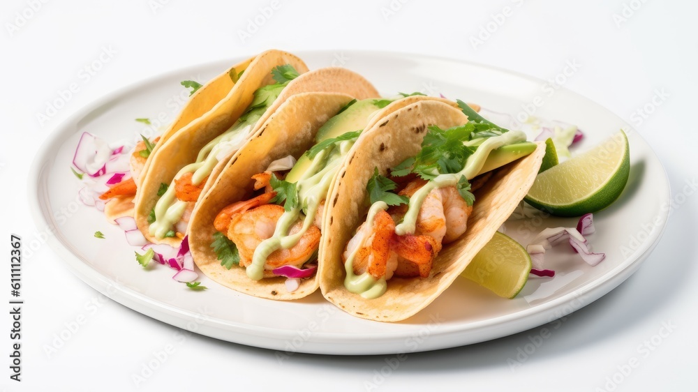 A plate of grilled shrimp tacos with avocado and lime crema on White Background with copy space for your text created with generative AI technology A plate of grilled shrimp tacos with avocado and lime crema on White Background with copy space for your text created with generative AI technology