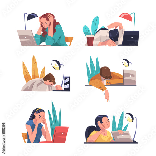 Tired Young Man and Woman Vector Illustration Set