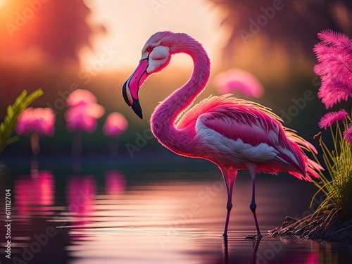 Pink flamingo nature light back sun ligh. ai generative