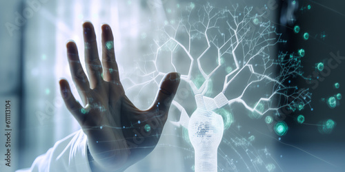 Captivating image of a hand engaging with a virtual linguistic tree  symbolizing innovation and excellence in linguistics  ideal for labs and researchers. Generative AI