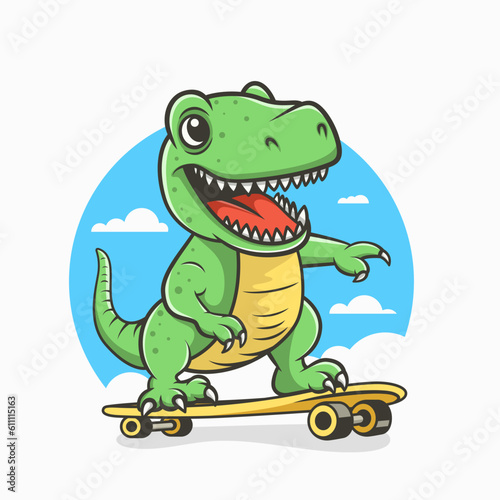 Vector Happy and Smiling Dinosaur. Cartoon Green Dinosaur Tyrannosaurus Rex, Tyrex with Outline on Skateboard, Design Template, Skater Dinosaur. Funny Print, T-shirt Design for Kids