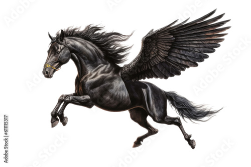 a majestic Pegasus  Black horse with wings  flying  fantasy  Mythology-themed  photorealistic illustrations in a PNG  cutout  and isolated. Generative AI